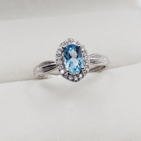 Natural Swiss Blue Topaz Sterling Silver Simulated Diamond Halo Ring - Picture 4 of 4